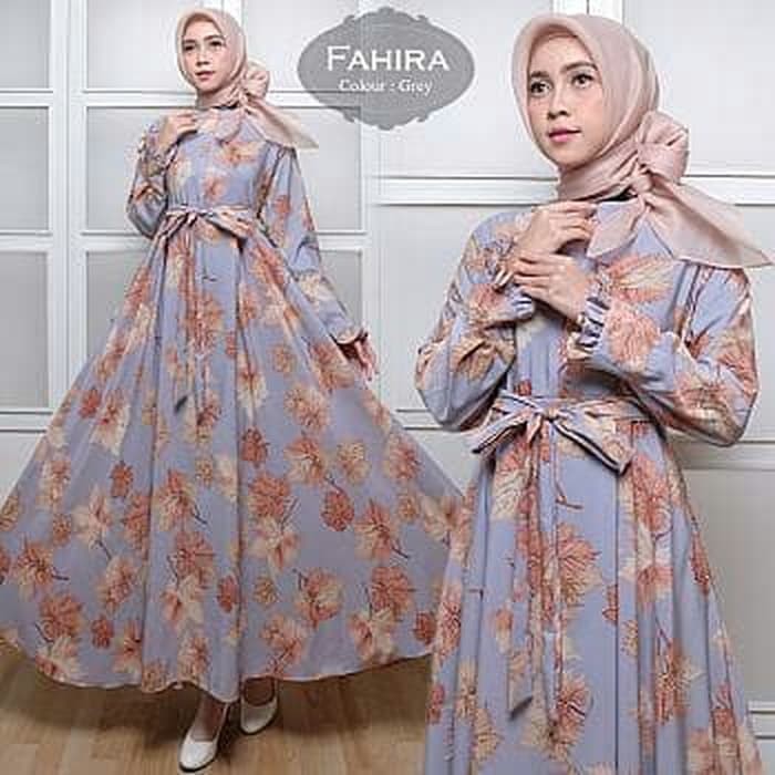Premium-Busana Muslim-Gamis wanita Maxi fahira warna abu cream dan tosca baju muslim