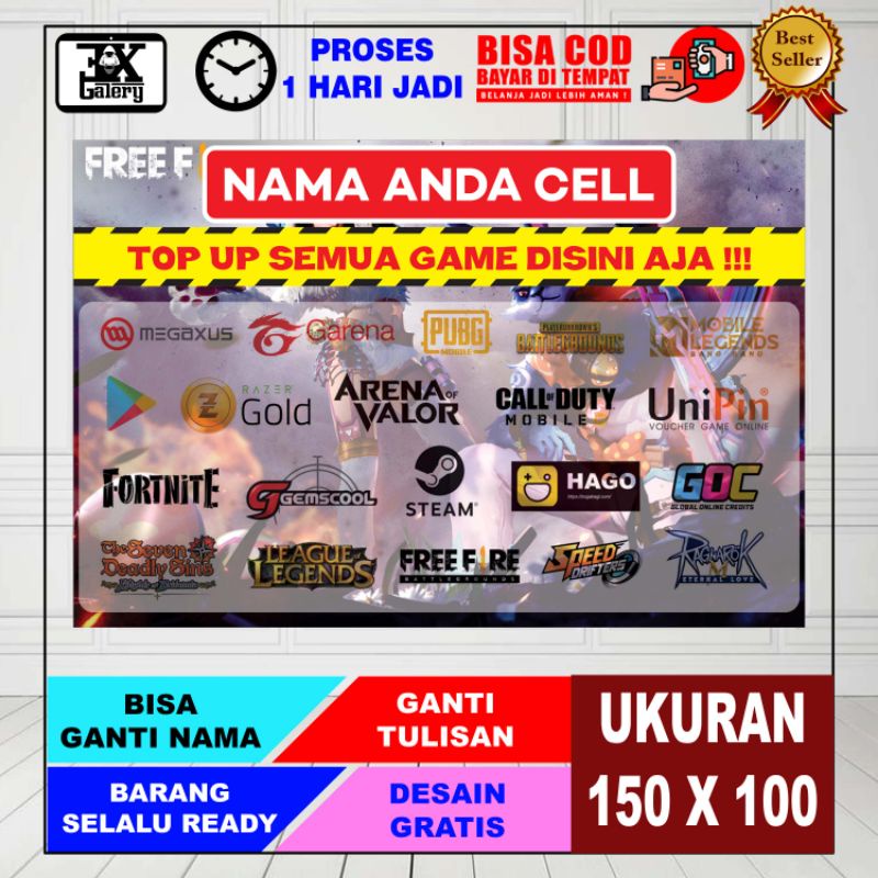 spanduk banner konter game ukuran 150 X 100 bisa ganti nama dan background.
