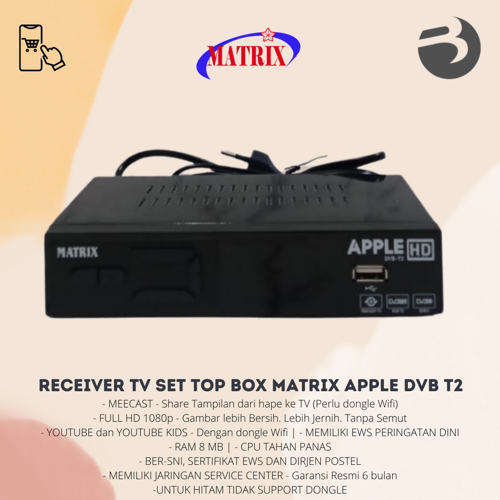 Receiver TV Set Top Box Matrix Apple DVB T2 Digital DV B-T2 Antena apel - Kabel RCA