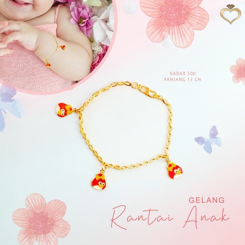 (KADAR 300) GELANG RANTAI ANAK MOTIF ANGRY BIRD PAKAI PITA EMAS ASLI