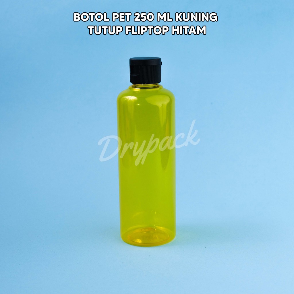 BOTOL PET 250 ML ROUND KUNING TUTUP FLIPTOP