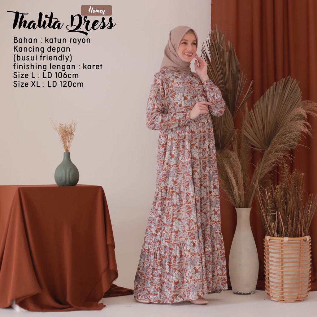 New - Gamis Dewasa Jumbo/Homey Dress Thalita XL-Bahan Katun Rayon Premium Motif Flower-Busana Muslimah Dewasa