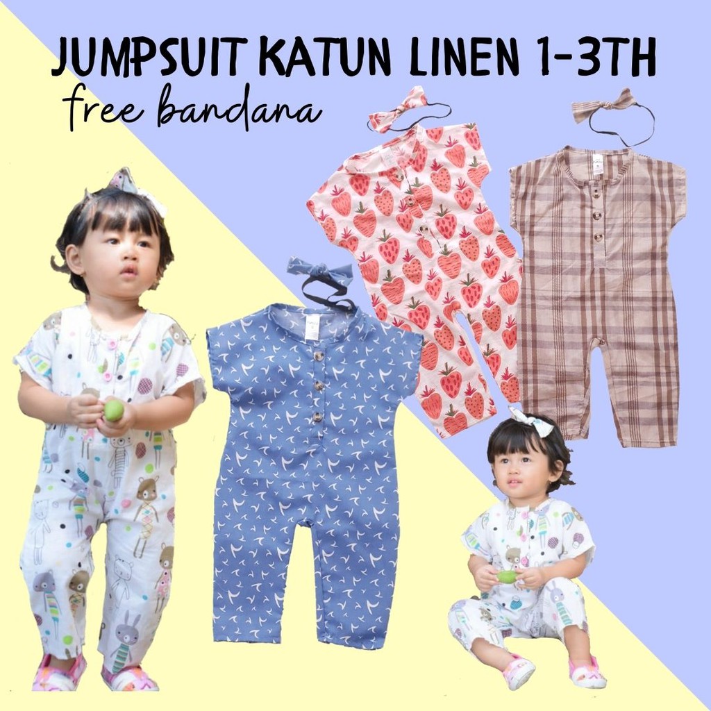 Baju Jumpsuit Anak Perempuan Katun Linen set Bandana