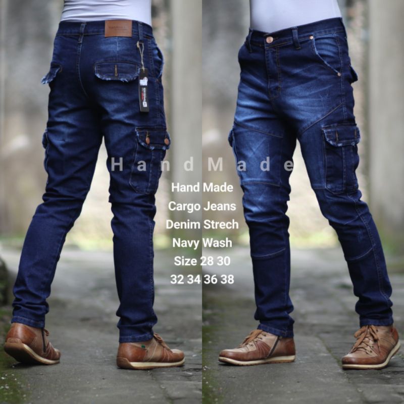 Celana Pria Cargo Jeans Sobek Ripped Strech