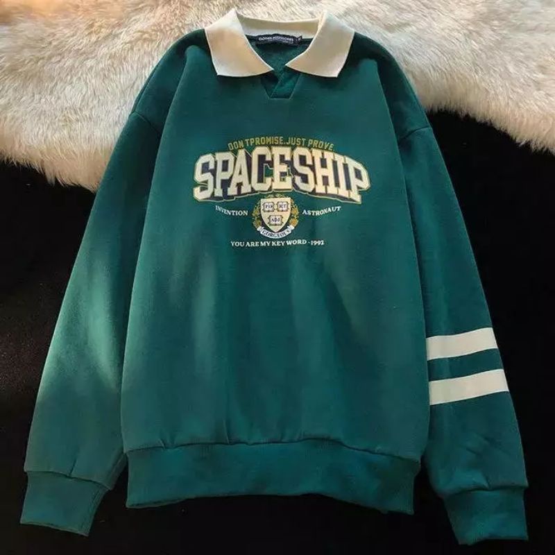 SPACE SHIP COLAR Sweater Crewneck Oversize | Outerwear Wanita Fashion Terkini Bahan Fleece Korean Style