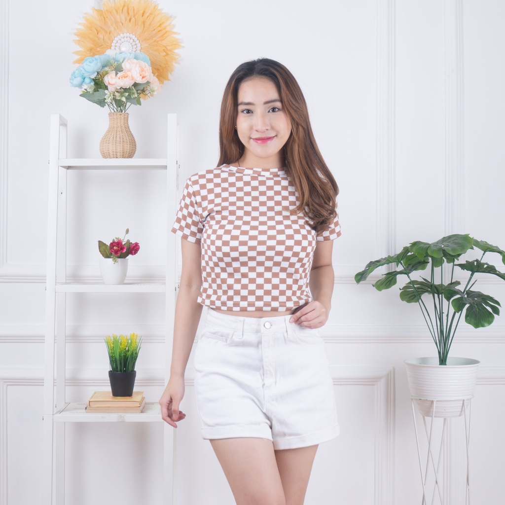 ZASKIYA - Checker Catur Crop Top Rib / Atasan Wanita Crop Top