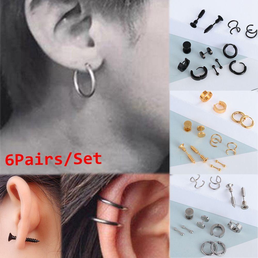 R-flower 6pasang/Set Anting Set Perhiasan Gothic Barbel Bar Stainless Steel Tragus Anting Tindik Hitam Dumbbell Stud