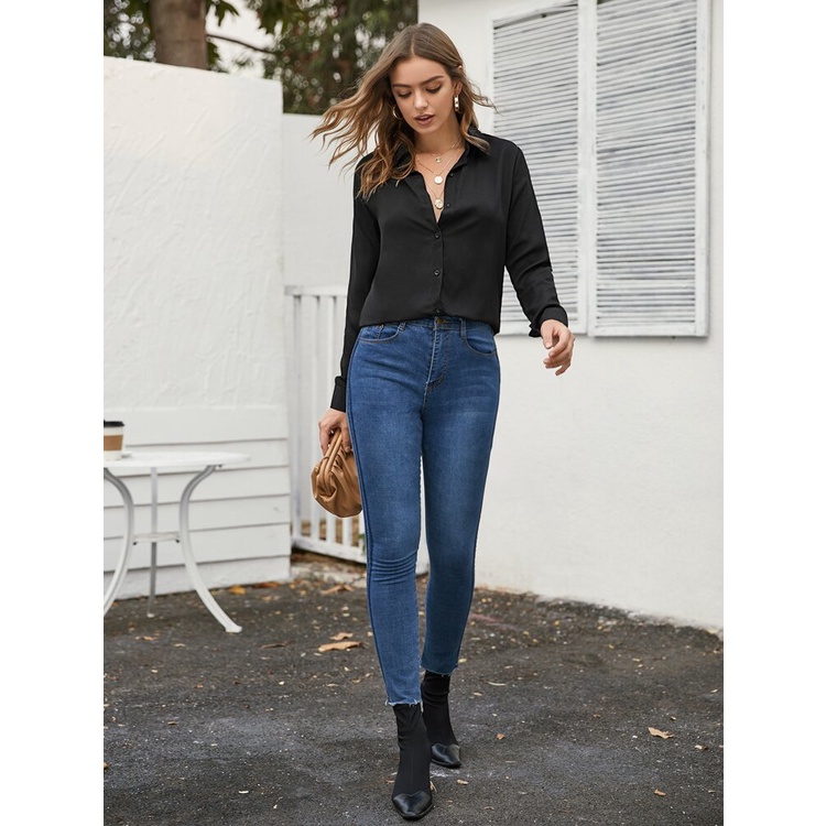 Kemeja Wanita Hitam Atasan Lengan Panjang Kekinian Black Blouse Woman-2