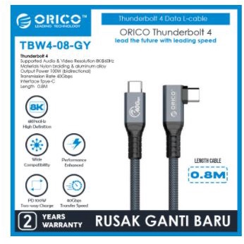 Usb-c thunderbolt 3 4 to Type-c cable orico 80cm charge data sync 40Gbps 8k 4k 60hz pd 100w usb 4.0 L-shape tbw4-08