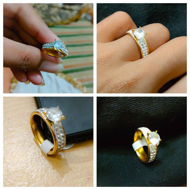 cincin titanium wanita permata berlapis emas terpesona anti karat dan anti luntur