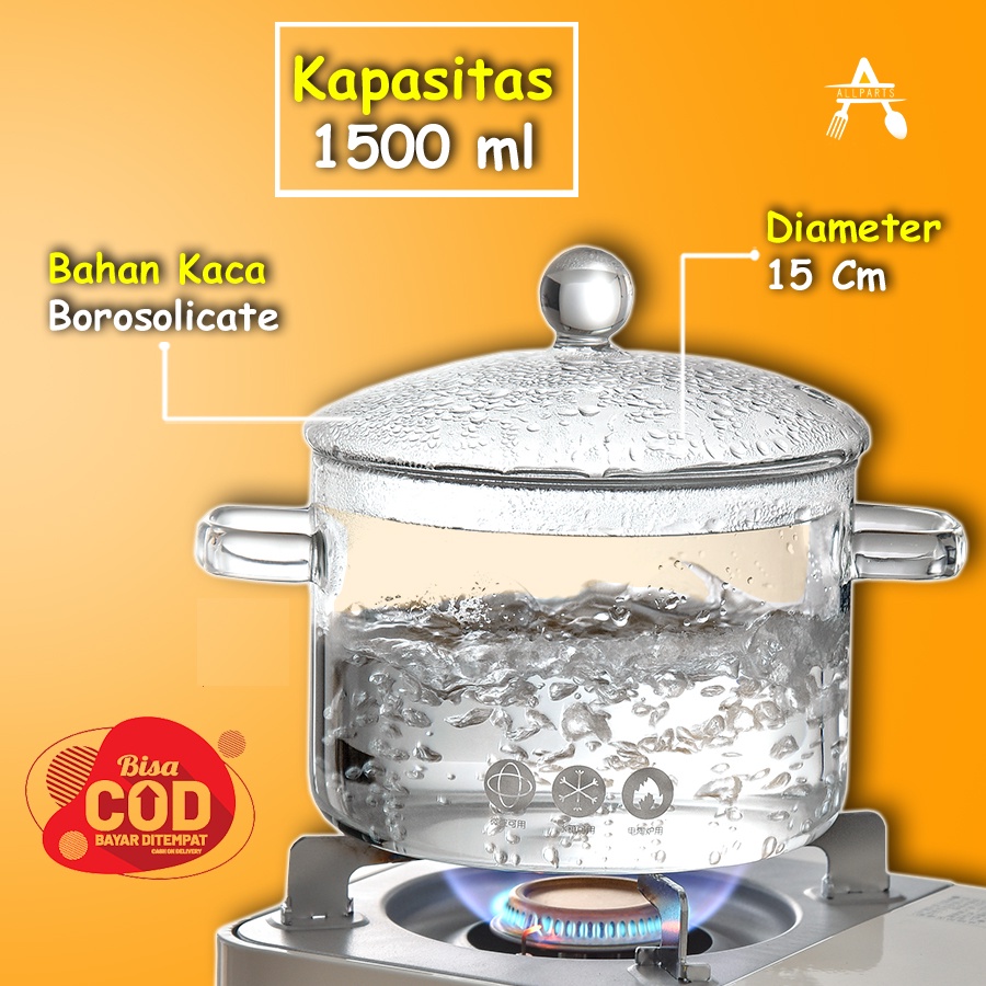 Panci Dapur Kaca Borosilicate Tahan Panas Api Untuk Memasak Cooking Pot 15 Cm Panci Masak Kuah Sayur Tutup Kaca Minimalis Premium