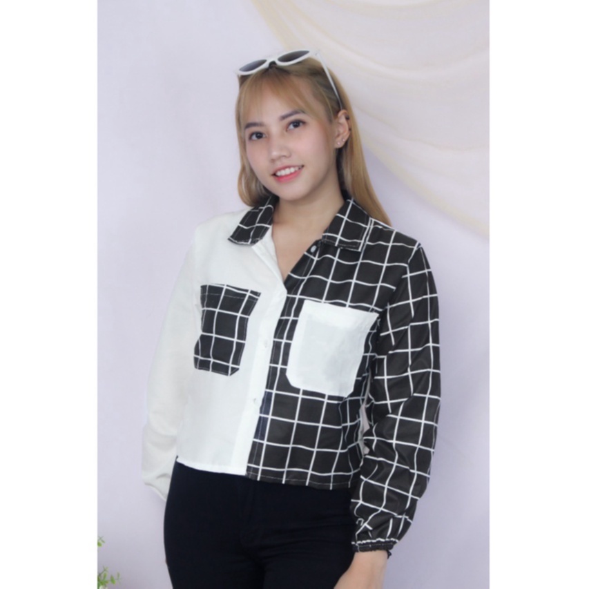 RX Fashion - Mika Crop Top Blouse // Shirt Top Tartan Two Tone // Kemeja Olive ( SPECIAL SALE - GRATIS ONGKIR )  - GA-PUTIH - 3.5CM HITAM