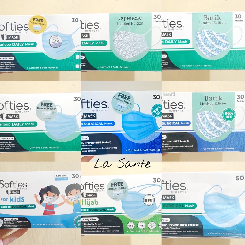 MASKER SOFTIES BOX 30 ATAU 50 PCS DAILY SURGICAL EARLOOP HIJAB POLOS BIRU PINK BATIK JAPANESE