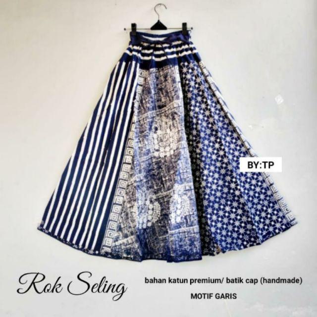 Rok Batik Cap Indigo Motif Seling Biru Kombinasi Bawahan Formal Wanita Casual Kantoran Katun Premium-Garis