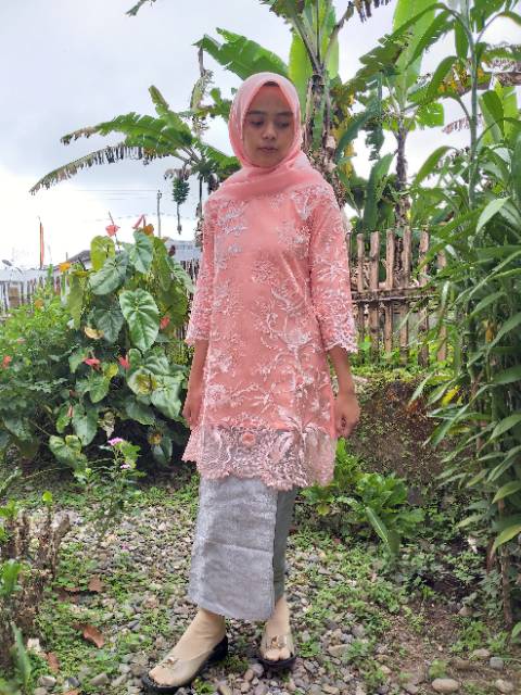 Baju kurung tulle bordir 3D peach