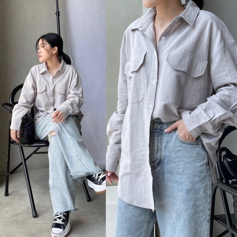 Kemeja Oversize Linen Pocket Outer Wanita - Lengan Panjang/Atasan Wanita Oversize/Kemeja Wanita korea Polos-6