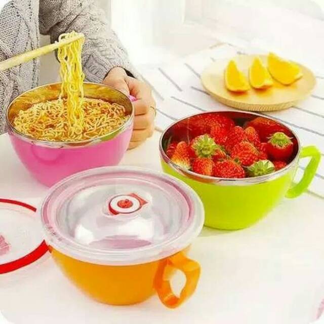 Cangkir mangkok stainless gagang/fresh bowl/tempat makan kedap