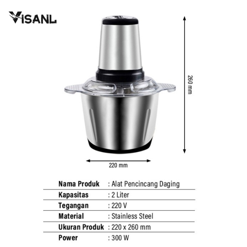 Chopper Blender Daging Penggiling Meat Blender Elektrik Stainless  2L Food Processor Stainless Steel Penggiling Daging Dan Bahan Makanan Elektrik