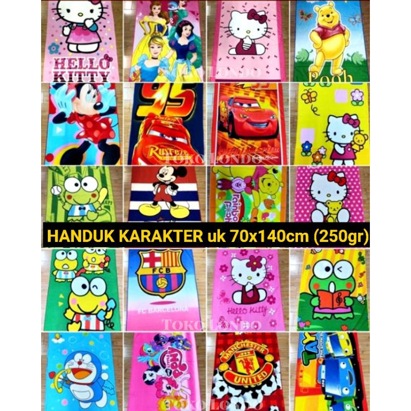 Handuk Karakter Anak GLASS Jumbo Besar uk 70x140cm Doraemon Kiti Car Pooh Keropi Miki Mini MU Princes Poni Tayo Thomas MURAH