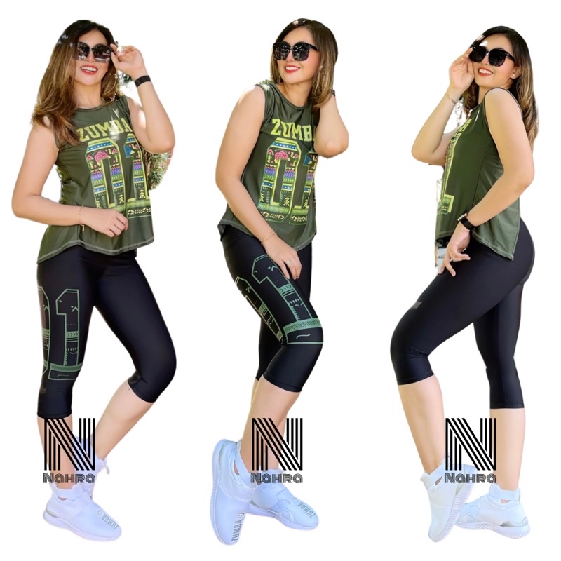 Baju Senam Zumba Army 01 Set Atasan Legging Senam / Setelan Olahraga Wanita Aerobik Fitness Gym