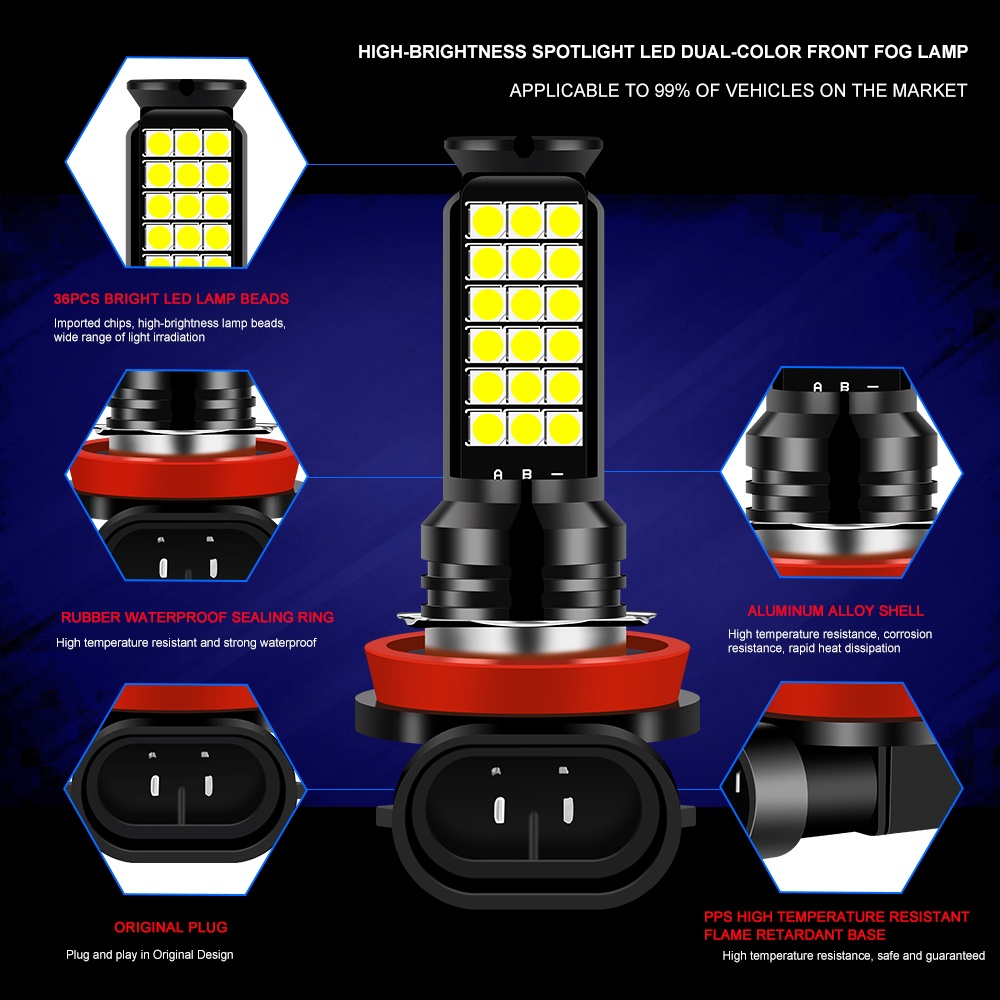 2Pcs Lampu Kabut LED 36SMD Dua Warna H8 H11 H16 H4 H7 9005 9006 Untuk Mobil