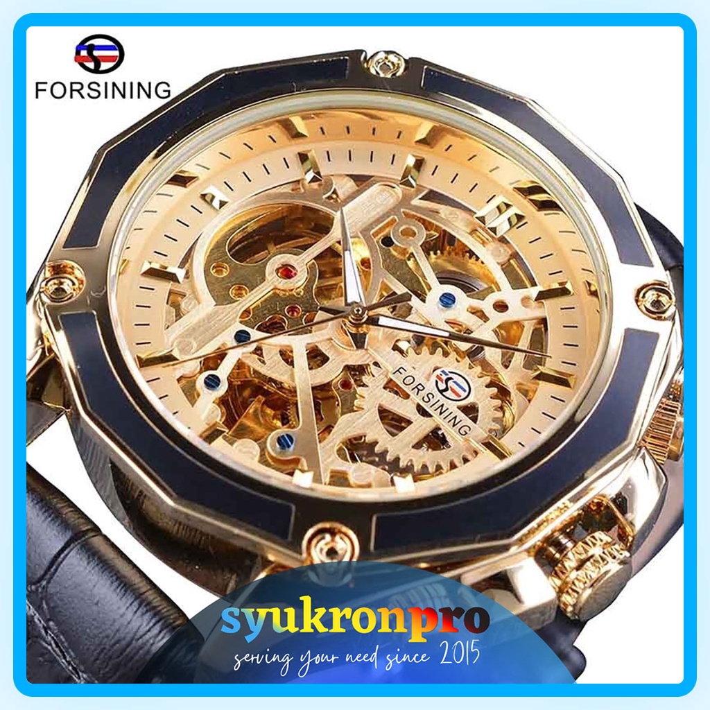 JAM TANGAN AUTOMATIC GEAR TRANSPARAN SKELETON MECHANICAL STEAMPUNK ANALOG STAINLESS STEEL FORSINING 