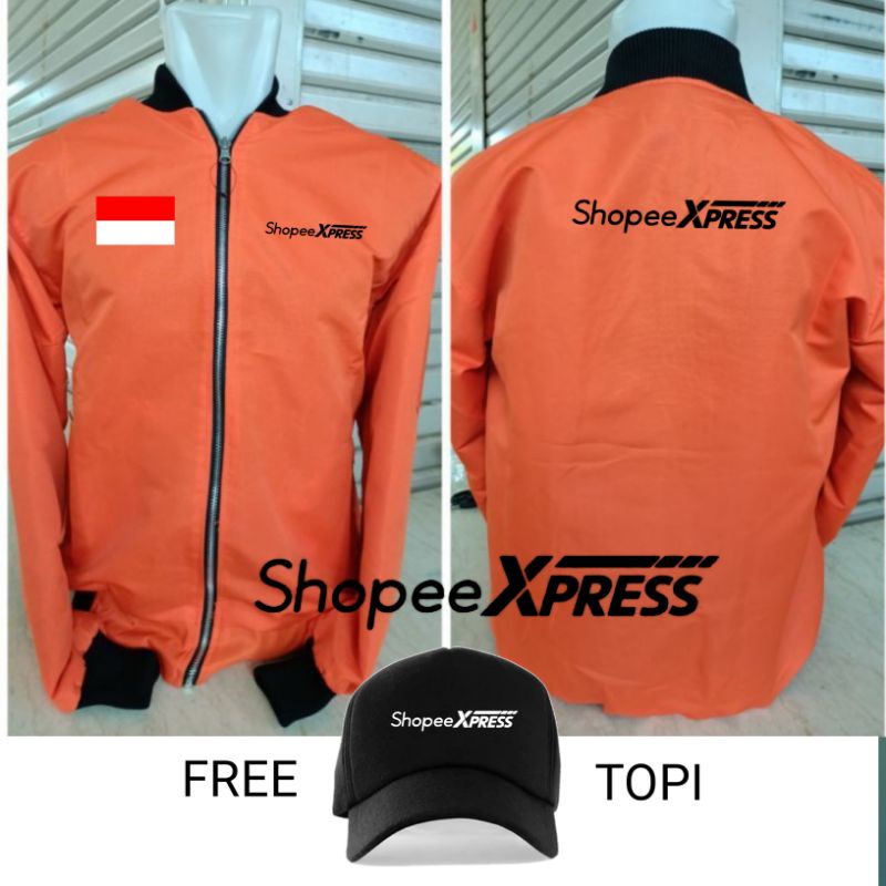 Jaket orange Bomber Resleting Expedisi pengiriman+Topi bilup jaket anti air bisa bolak balik