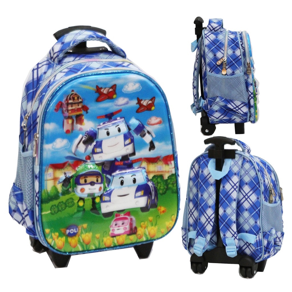 TAS anak sekolah Trolley TK Import - Robocar POLI 5D Timbul Hologram Dua Kantung perempuan&laki laki