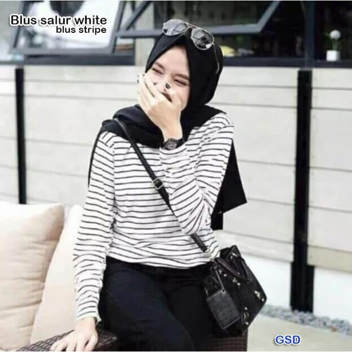 Blus Salur Putih/Baju Atasan Muslim/Blouse Hijab/Blus Muslim Wanita
