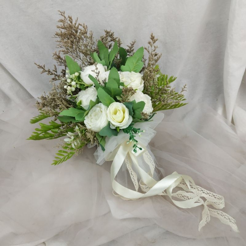 Buket Rustic Bunga Mawar Putih Bunga Caspea Wedding Bouquet