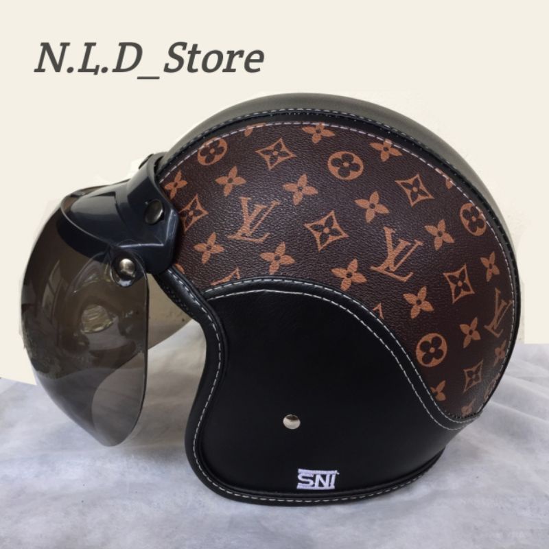 Helm Bogo Kulit Motif LV ( BLACK BROWN ) SNI HELM BOGO KULIT MOTIF LV WANITA CLASSIC TERBARU HIJAB S