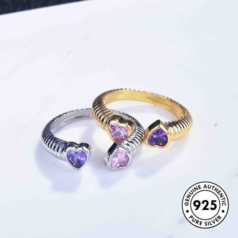 Cincin Sterling Silver 925 Model Terbuka Motif Hati + Bunga Dengan Berlian Imitasi Untuk Wanita