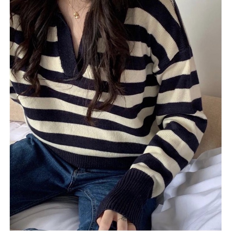 Crop Rajut Sweater Thania blaster  Strip Sweater Rajut korea wanita