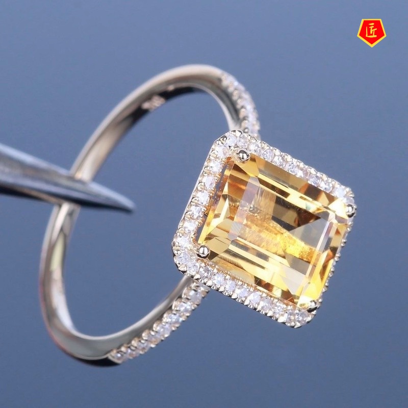 [Ready Stock]Fashion Champagne Square Diamond Ring Micro-Inlaid Yellow Gem