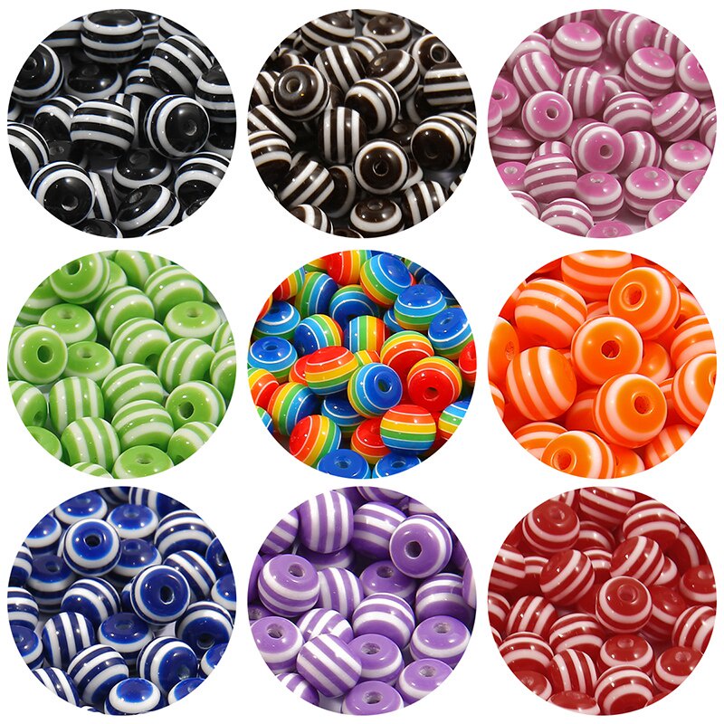 30-50 Pcs 6 8 10 Mm Warna-warni Resin Spacer Manik-manik Bulat Garis Campuran Manik-manik Longgar untuk Membuat Perhiasan DIY Gelang Kalung Aksesoris