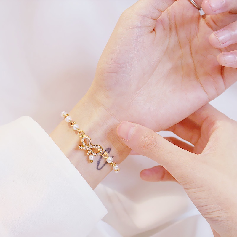 Roselife Gelang Tangan Wanita Desain Pita Hias Kristal Mutiara Gaya Korea Untuk Hadiah