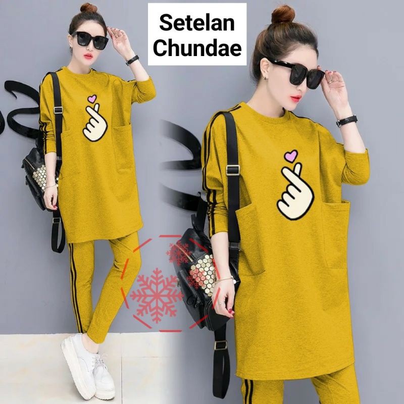 XC - Stelan CHUN DAE. / Stelan Wanita Motif Jari Hati / Stelan Casual Wanita / Ngetrend