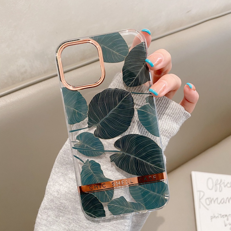 High-end electroplating Casing iPhone 12 11 Pro Max X XR XS XS 7 8 Plus SE 2020 Silicone Flowers and leaves Case soft tpu  casing-Green leaves