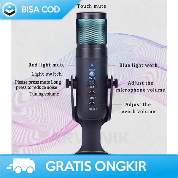 MIC CONDESER MIKROFON KONDENSOR MIC STUDIO LEORY USB TYPE C RGB LIGHT