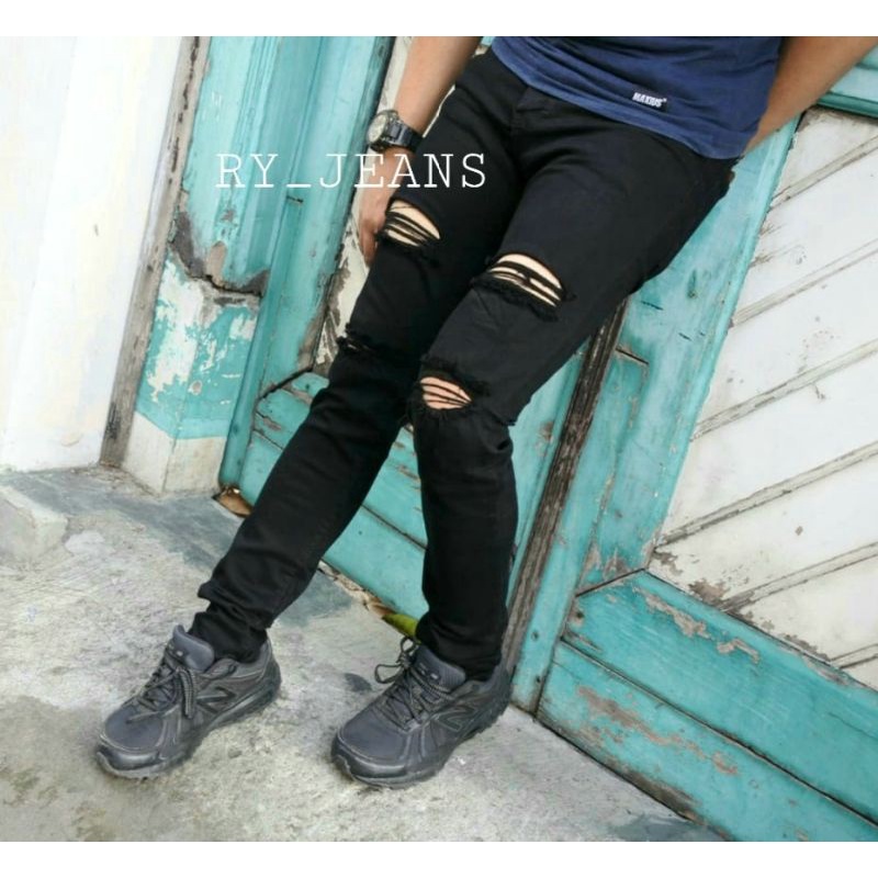 Celana jeans pria sobek dua sisi celana hitam panjang pria ripped jeans celana slimfit