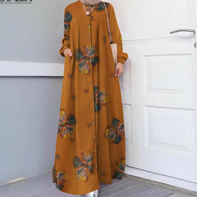 Terbaru.. ZANZEA Women Printed Button Down Front Side Pockets Muslim Long Dress