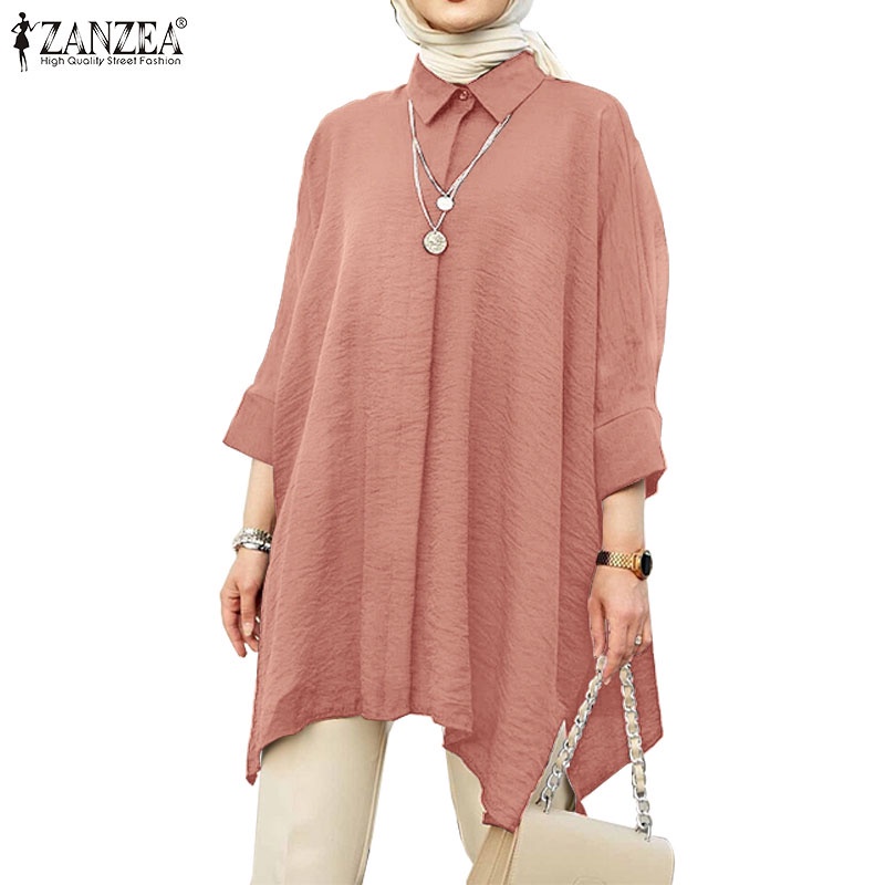 ZANZEA Women Muslim Casual Solid Irregular Hem Button Down Casual Loose Blouse