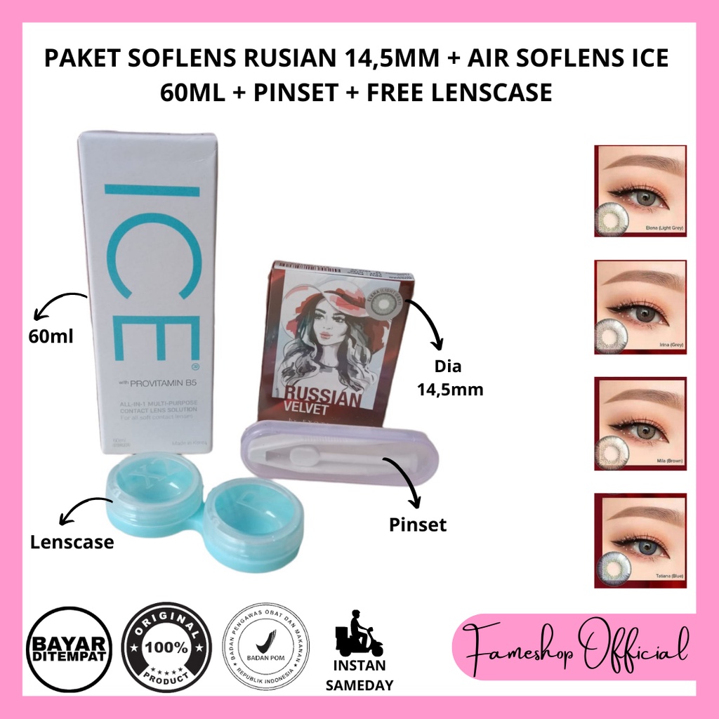 PAKET SOFTLENS RUSSIAN VELVET DIA 14,5MM NORMAL &amp; MINUS + CAIRAN ICE 60ML + PINSET + LENSCASE / COD INSTAN SAMEDAY / LENSA KONTAK / PAKET MURAH