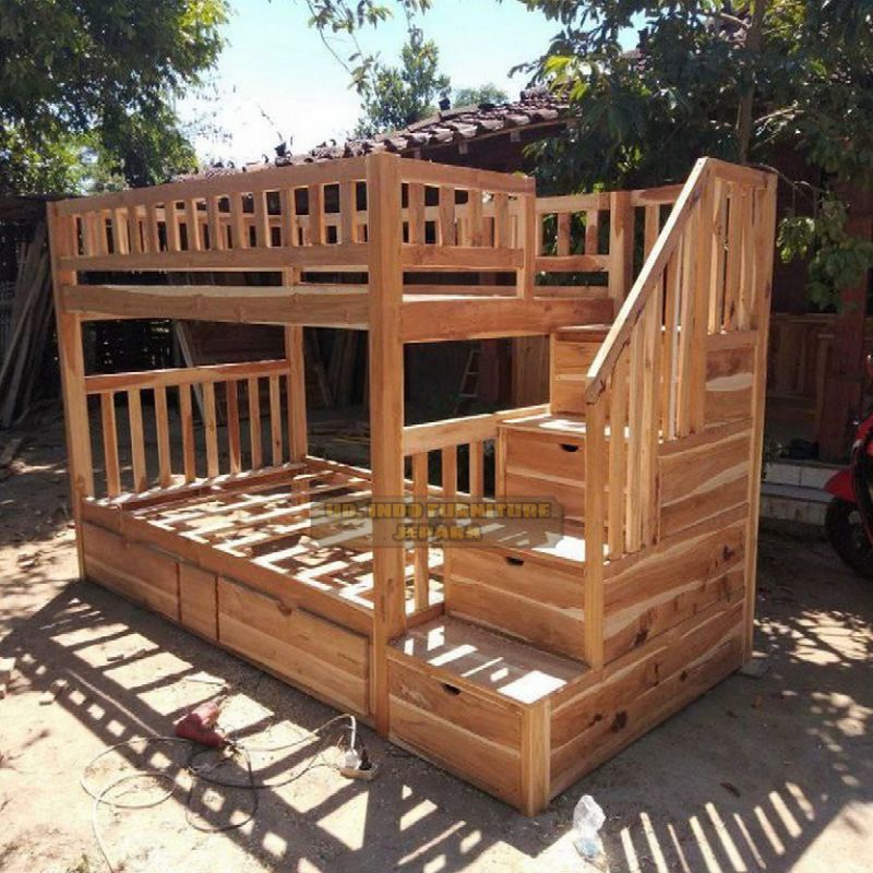 ranjang tangga besar dipan tingkat laci tempat tidur murah bahan kayu jati jepara