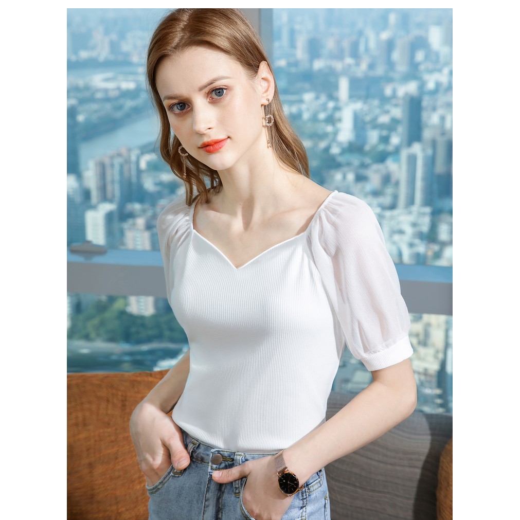 【Moon Blush】Korean Halus Lembut Solid V-neck Puff Sleeve T-shirt  7243