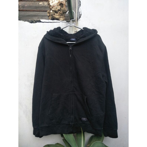 jaket hoodie sherpa/bulu hitam polham second original