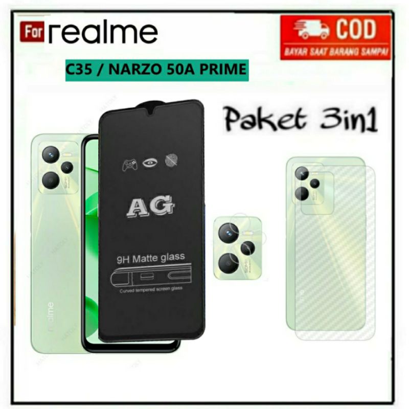 PAKET 3IN1 TEMPERED GLASS MATTE REALME C35 C31 NARZO 50A PRIME 50i PRIME 50A 50i TG ANTI GLARE ANTI GORES KACA FULL COVER