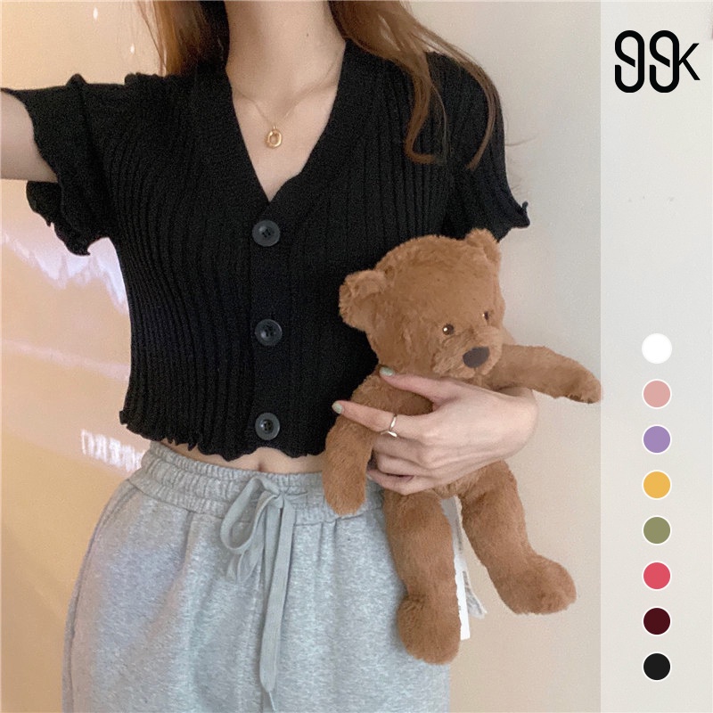 Korean Knit V-Neck Button Crop Top Atasan Wanita Rajut Kancing  2604