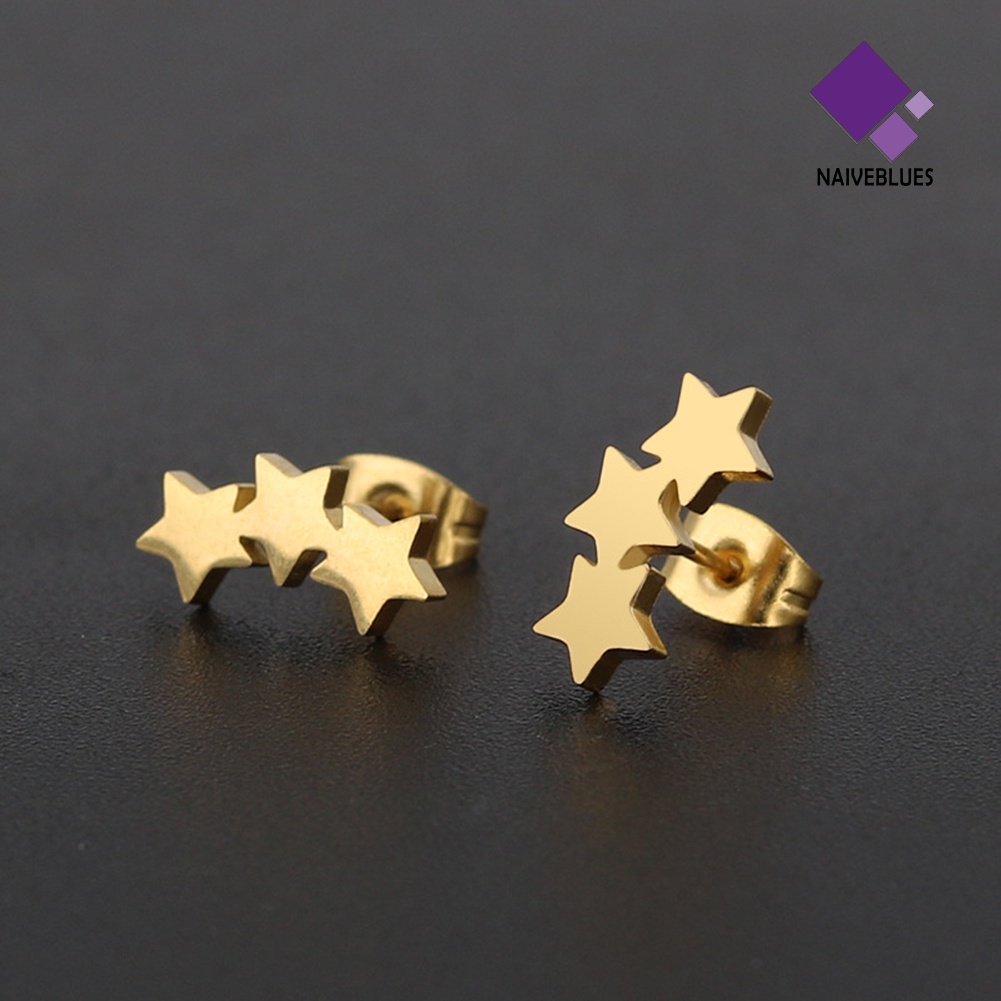 Anting Stud Tindik Bentuk Triple Star Bahan Steel Untuk Wanita