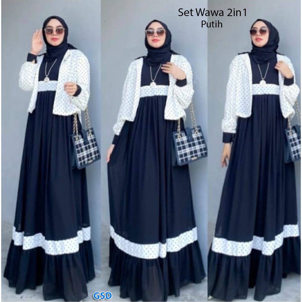 Wawa 2in1 /Maxi Dress Kasual Tanpa Lengan Baju Muslim Wanita Bahan Moscrepe Dan Outer Cardi Polka  Bahan KATUN Size L